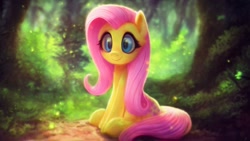 Size: 1920x1080 | Tagged: safe, ai content, derpibooru import, generator:pony diffusion v4, generator:stable diffusion, machine learning generated, firefly, fluttershy, pegasus, pony, g1, blue eyes, c:, cute, female, forest, forest background, generator:controlnet, looking at you, mare, pink mane, pink tail, prompter:marusame, sitting, smiling, solo, tail, tree, wings, yellow coat