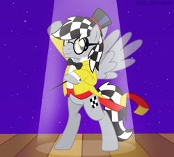 Size: 1000x903 | Tagged: safe, artist:jennieoo, derpibooru import, oc, oc:checkerboard, pegasus, pony, bowtie, conductor, happy, looking at you, scene, show accurate, smiling, smiling at you, solo