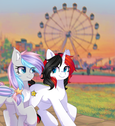 Size: 1475x1618 | Tagged: safe, artist:freyamilk, derpibooru import, oc, oc only, oc:dreamyway skies, oc:starforce fireline, bat pony, unicorn, amusement park, bat pony oc, bat wings, commission, date, dating, ear fluff, ear tufts, ears, eyelashes, female, ferris wheel, hair accessory, horn, looking at each other, looking at someone, mare, oc x oc, park, shipping, smiling, summer, sunset, unicorn oc, walking, wings, ych result