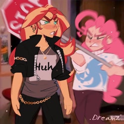 Size: 1440x1440 | Tagged: safe, artist:dreamz, derpibooru import, pinkie pie, sunset shimmer, human, equestria girls, clothes, duo, ear piercing, icarly, jacket, meme, piercing, stop sign