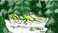 Size: 909x514 | Tagged: safe, artist:ponyponychan, derpibooru import, oc, oc only, oc:ponytronic, pegasus, pony, album cover, forest, lying down, on side, one eye closed, partial color, snow, solo