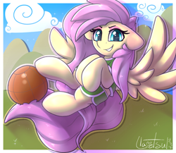 Size: 1083x940 | Tagged: safe, artist:llametsul, derpibooru import, fluttershy, pegasus, pony, atg 2023, buckball, colored, confident, female, flying, mare, newbie artist training grounds, prehensile tail, signature, solo, spread wings, tail, wings