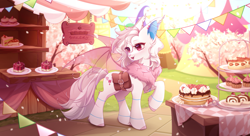 Size: 2605x1414 | Tagged: safe, artist:siwiko, derpibooru import, oc, bat pony, bag, bat pony oc, cake, food, saddle bag, solo, standing