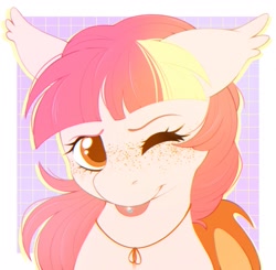 Size: 1991x1948 | Tagged: safe, artist:adostume, derpibooru import, oc, oc only, oc:peachy pop, bat pony, bust, cute, ears, eyebrows, female, floppy ears, freckles, looking at you, mare, one eye closed, piercing, portrait, simple background, smiling, solo, solo female, tongue, tongue out, tongue piercing, wings, wink, winking at you