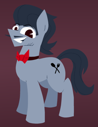 Size: 1058x1362 | Tagged: safe, artist:yamston, derpibooru import, oc, oc only, oc:la fluky, earth pony, pony, fanfic:living the dream, 2023, bowtie, earth pony oc, facial hair, fanfic art, gray coat, gray mane, male, moustache, red background, red eyes, simple background, solo, stallion, tail