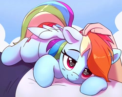 Size: 2010x1600 | Tagged: safe, artist:pabbley, derpibooru import, rainbow dash, human, pegasus, pony, cloud, comfy, cuddling, cute, dashabetes, ears, female, floppy ears, hand on head, head pat, human on pony snuggling, looking at you, mare, offscreen character, pabbley is trying to murder us, pat, petting, pov, smiling, smiling at you, snuggling, solo focus