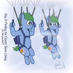 Size: 1200x1200 | Tagged: safe, artist:phallen1, derpibooru import, oc, oc only, oc:software patch, earth pony, pony, atg 2023, cloud, male, newbie artist training grounds, parachute, reflection, skydiving, solo, solo male