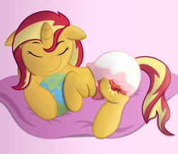 Size: 3500x3039 | Tagged: safe, artist:sweetielover, derpibooru import, sunset shimmer, pony, unicorn, equestria girls 10th anniversary, cushion, diaper, diaper fetish, eyes closed, female, fetish, globe, high res, show accurate, simple background, sleeping, solo