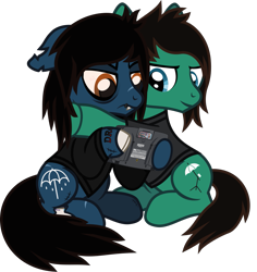 Size: 1237x1309 | Tagged: safe, artist:lightningbolt, derpibooru exclusive, derpibooru import, earth pony, pony, undead, zombie, zombie pony, .svg available, angry, bags under eyes, bloodshot eyes, bone, bring me the horizon, brothers, clothes, duo, duo male, ears back, fangs, frown, hoof hold, hug, lidded eyes, lip piercing, long sleeves, looking down, male, oliver sykes, piercing, ponified, scar, sega game gear, show accurate, siblings, simple background, sitting, smiling, species swap, stallion, stitches, svg, tattoo, tom sykes, torn ear, transparent background, vector, video game