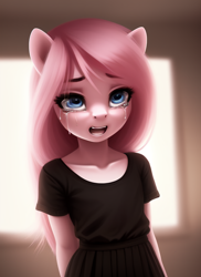 Size: 512x704 | Tagged: safe, ai content, derpibooru import, generator:stable diffusion, machine learning generated, pinkie pie, anthro, friendship is witchcraft, crying, female, filly, foal, pinkamena diane pie, sad, solo, yiffymix, younger