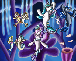 Size: 3000x2400 | Tagged: safe, artist:saburodaimando, derpibooru import, princess celestia, princess luna, princess skystar, queen novo, sunset shimmer, oc, alicorn, seapony (g4), unicorn, my little pony: the movie, absurd resolution, belly button, blue eyes, blue mane, collar, coral, crown, digital art, dorsal fin, eyelashes, eyes closed, female, fin, fin wings, fins, fish tail, flowing mane, flowing tail, happy, horn, jewelry, lidded eyes, looking at each other, looking at someone, mare, ocean, open mouth, open smile, party, purple eyes, regalia, royal sisters, seaponified, seapony celestia, seapony luna, seapony sunset, seaquestria, siblings, sisters, smiling, smiling at each other, species swap, spread wings, swimming, tail, throne, throne room, underwater, water, wings