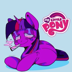 Size: 1080x1080 | Tagged: safe, artist:deviledlobster, derpibooru import, twilight sparkle, unicorn twilight, pony, unicorn, drugs, high, highlight sparkle, joint, lying down, marijuana, simple background, smiling, smoking, solo