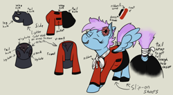 Size: 1134x625 | Tagged: safe, artist:thebathwaterhero, derpibooru import, oc, oc:paperclip, pegasus, clothes, coat, dress, female, filly, foal, pegasus oc, reference, ribbon, shoes, tail, tail wrap