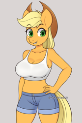 Size: 1200x1800 | Tagged: safe, artist:handgunboi, derpibooru import, applejack, anthro, earth pony, applerack, big breasts, breasts, cleavage, clothes, cowboy hat, daisy dukes, denim, female, freckles, hand on hip, hat, jeans, midriff, pants, redraw, shorts, simple background, smiling, solo, stupid sexy applejack, tanktop