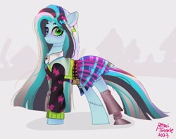 Size: 2048x1620 | Tagged: safe, artist:petaltwinkle, derpibooru import, earth pony, pony, amputee, clothes, ear piercing, earring, eye clipping through hair, female, frankenpony, frankie stein, heterochromia, jewelry, looking at you, mare, monster high, peg leg, piercing, plaid skirt, ponified, prosthetic leg, prosthetic limb, prosthetics, signature, simulacrum, skirt, smiling, smiling at you, solo, species swap