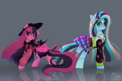 Size: 2048x1353 | Tagged: safe, artist:petaltwinkle, derpibooru import, bat pony, pegasus, pony, undead, vampire, vampony, clothes, draculaura, dress, duo, ear piercing, earring, eye clipping through hair, fangs, female, frankenpony, frankie stein, gray background, hat, heterochromia, jewelry, looking at you, mare, monster high, piercing, plaid skirt, ponified, simple background, skirt, smiling, smiling at you, species swap, tongue, tongue out