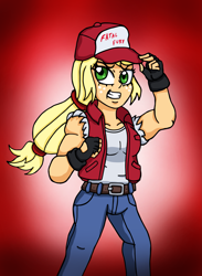 Size: 1831x2500 | Tagged: safe, artist:edcom02, derpibooru import, applejack, human, equestria girls, crossover, fatal fury, female, snk, solo, terry bogard, video game crossover