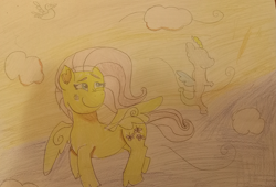 Size: 3433x2340 | Tagged: safe, artist:starrscout-23, derpibooru import, discord, fluttershy, pegasus, pony, cloud, female, flying, heart ears, mare, sky, solo, traditional art