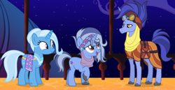 Size: 1920x993 | Tagged: safe, artist:pastelnightyt, derpibooru import, hoo'far, trixie, oc, oc:mystic, pony, unicorn, g4, alternate hairstyle, clothes, female, goggles, goggles on head, happy, horn, looking down, looking up, male, mare, offspring, older, open mouth, open smile, parent:hoo'far, parent:trixie, parents:trixfar, raised hoof, raised leg, shipping, signature, smiling, stallion, straight, tail, trio, trixfar, unshorn fetlocks