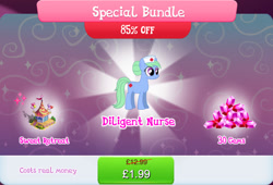 Size: 1266x860 | Tagged: safe, derpibooru import, nurse tenderheart, earth pony, pony, balloon, bundle, bush, costs real money, english, female, gameloft, gem, hat, mare, mobile game, my little pony: magic princess, numbers, official, sale, solo, text