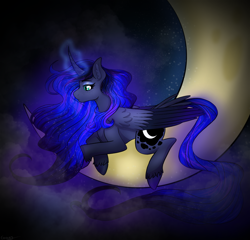 Size: 1528x1469 | Tagged: safe, artist:greenybeenie, derpibooru import, princess luna, alicorn, pony, cloud, crescent moon, ethereal mane, female, glowing, glowing horn, horn, lying down, mare, moon, night, prone, sky, solo, starry mane, stars, tangible heavenly object