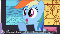 Size: 1680x944 | Tagged: safe, derpibooru import, edit, edited screencap, screencap, rainbow dash, pegasus, pony, caption, female, meme, open mouth, solo, youtube caption