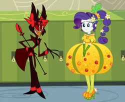 Size: 882x720 | Tagged: safe, derpibooru import, rarity, demon, human, better together, equestria girls, holidays unwrapped, alastor, cornucopia costumes, crossover, cute, duo, female, hazbin hotel, inflatable dress, male, raribetes