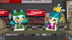 Size: 1600x900 | Tagged: safe, artist:oudieth, derpibooru import, juniper montage, oc, oc:karen, anthro, cat, human, equestria girls, 3d, cash register, coca-cola, crossover, duo, glasses, gmod, karen (smg4), smg4, unamused