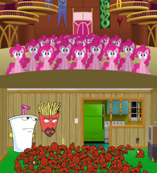 Size: 1280x1408 | Tagged: safe, derpibooru import, screencap, pinkie pie, too many pinkie pies, aqua teen hunger force, comparison, frylock, master shake, meatwad, multiple meat