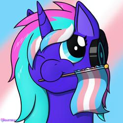 Size: 1000x1000 | Tagged: safe, artist:passionpanther, derpibooru import, oc, oc only, oc:heartbeat, pony, unicorn, headphones, pride, pride flag, pride month, solo, transgender, transgender oc, transgender pride flag