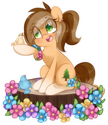 Size: 1000x1155 | Tagged: safe, artist:loyaldis, derpibooru import, oc, oc only, oc:amber evergreen, oc:buck evergreen, bird, earth pony, pony, coat markings, cute, eye clipping through hair, female, flower, log, mare, open mouth, ponytail, raised hoof, raised leg, rule 63, simple background, sitting, socks (coat marking), solo, transparent background, tree stump