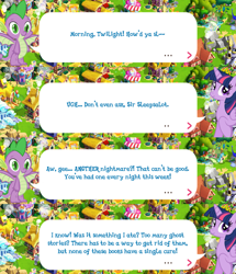 Size: 2045x2379 | Tagged: safe, derpibooru import, spike, twilight sparkle, twilight sparkle (alicorn), alicorn, dragon, pony, claws, dialogue, dialogue box, english, event, female, folded wings, gameloft, horn, male, mare, mobile game, my little pony: magic princess, official, speech bubble, text, winged spike, wings