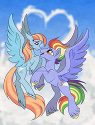 Size: 2894x3810 | Tagged: safe, artist:marsel1nushka, derpibooru import, bow hothoof, windy whistles, pegasus, pony, cloud, couple, duo, duo male and female, female, heart, high res, husband and wife, looking at each other, looking at someone, male, mare, married couple, shipping, stallion, straight, unshorn fetlocks, windyhoof, younger