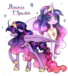 Size: 1280x1440 | Tagged: safe, artist:zero-paint, derpibooru import, princess twilight 2.0, twilight sparkle, twilight sparkle (alicorn), alicorn, pony, the last problem, braid, braided tail, crown, cutie mark, ethereal mane, eye clipping through hair, eyebrows, eyebrows visible through hair, eyes closed, female, hairband, hoof shoes, jewelry, looking at you, mare, name, older, older twilight, partially open wings, peytral, regalia, simple background, smiling, smiling at you, solo, sparkles, tail, white background, wings