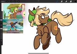 Size: 2360x1640 | Tagged: safe, artist:lrusu, derpibooru import, earth pony, pony, chest fluff, eye clipping through hair, eyebrows, eyebrows visible through hair, link, looking back, open mouth, ponified, solo, species swap, the legend of zelda