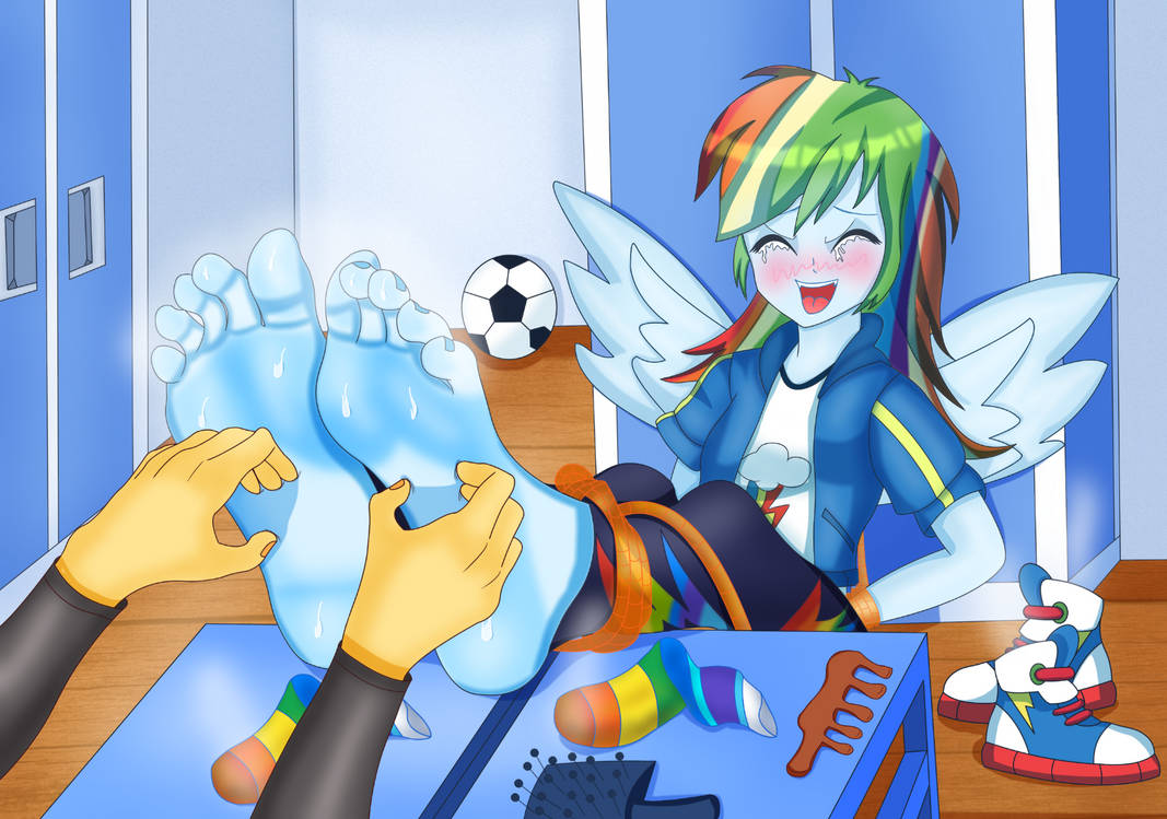 3371101 - suggestive, artist:fengbujing, derpibooru import, rainbow dash,  human, equestria girls, barefoot, blushing, bondage, clothes, converse,  crying, eyes closed, feet, fetish, foot fetish, foot tickling, humanized,  laughing, open mouth, rope, rope ...