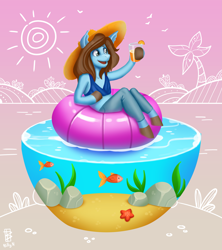 Size: 4095x4621 | Tagged: safe, artist:billyn, derpibooru import, oc, oc only, oc:sertpony, earth pony, fish, bikini, bikini top, blue coat, brown mane, clothes, commission, drink, glass, goldfish, hat, inner tube, male, pool toy, sand, seastar, seaweed, smiling, solo, sun hat, swimming leggings, swimsuit, underwater, water, ych result