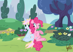 Size: 3562x2526 | Tagged: safe, artist:lydia, derpibooru import, pinkie pie, oc, oc:windy／painting heart, earth pony, pony, unicorn, blue sky, cute, date, dragon ball, flower, grass, happy, hill, mountain, open mouth, ponyville, raised hoof, raised leg, show accurate, sitting, sky, smiling, stone, tree, vegeta