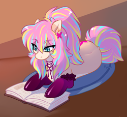 Size: 2893x2665 | Tagged: safe, artist:kaenn, derpibooru import, oc, oc:bijou butterfly, earth pony, pony, clothes, garter belt, lace, lingerie, multicolored hair, not porn, rainbow hair, reading, socks, solo, study, studying, warmers