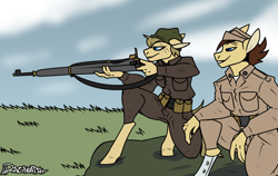 Size: 1148x724 | Tagged: safe, artist:razinoats, derpibooru import, oc, oc:marksmare, oc:sniper hooves, anthro, earth pony, father and child, father and daughter, female, gun, male, military, parent and child, rifle, weapon