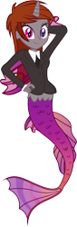 Size: 3000x8835 | Tagged: safe, artist:razoruniboop, derpibooru import, edit, editor:funny jo, oc, oc only, oc:funny jo, mermaid, equestria girls, arm behind head, business suit, clothes, female, fins, fish tail, gills, hand on hip, heterochromia, horn, mermaid tail, mermaidized, multicolored tail, necktie, proud, simple background, slit eyes, smiling, solo, species swap, tail, transparent background