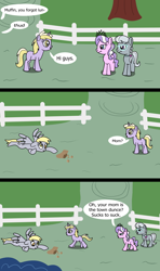 Size: 1920x3240 | Tagged: safe, artist:platinumdrop, derpibooru import, derpy hooves, diamond tiara, dinky hooves, silver spoon, 3 panel comic, bag, bully, bullying, comic, commission, food, muffin, speech bubble