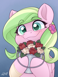 Size: 2028x2704 | Tagged: safe, artist:rivin177, derpibooru import, oc, oc only, pegasus, pony, bandage, blushing, bucket, commission, cute, ears, flower, holding, ocbetes, raised hoof, raised leg, rose, simple background, smiling, wide eyes, wings