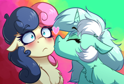 Size: 3520x2408 | Tagged: safe, artist:witchtaunter, derpibooru import, bon bon, lyra heartstrings, sweetie drops, earth pony, pony, unicorn, abstract background, blushing, chest fluff, cute, duo, ear fluff, ears, eyes closed, female, floppy ears, gradient background, heart, kiss on the cheek, kissing, lesbian, lyrabetes, lyrabon, mare, shipping, surprised