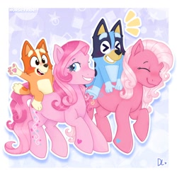 Size: 1200x1200 | Tagged: safe, artist:daylightsketch, derpibooru import, pinkie pie (g3), dog, earth pony, pony, semi-anthro, g3, australian cattle dog, bingo heeler, bluey, bluey heeler, blushing, crossover, eyes closed, female, mare, paw pads, paws, riding, riding a pony, smiling, tulip twinkle, underpaw