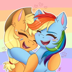 Size: 2000x2000 | Tagged: safe, artist:galaxy swirl, derpibooru import, applejack, rainbow dash, earth pony, pegasus, pony, appledash, background, cute, dashabetes, female, high res, jackabetes, lesbian, lgbt, mouthpiece, pride, pride flag, pride month, rainbow background, shipping