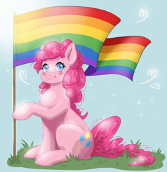 Size: 1339x1385 | Tagged: safe, artist:erein, derpibooru import, pinkie pie, earth pony, pony, ears up, female, flag, lgbt, mouthpiece, pride, pride flag, pride month, simple background, smiling, solo