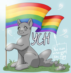 Size: 1339x1385 | Tagged: safe, artist:erein, derpibooru import, advertisement, any gender, any race, auction, auction open, commission, ears up, flag, lgbt, pride, pride flag, pride month, simple background, smiling, solo, ych sketch, your character here