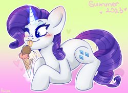 Size: 2947x2150 | Tagged: safe, artist:pozya1007, derpibooru import, rarity, pony, unicorn, g4, ;p, blushing, female, food, gradient background, ice cream, lying down, one eye closed, smiling, solo, summer, tongue, tongue out