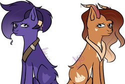 Size: 4927x3312 | Tagged: safe, artist:thecommandermiky, derpibooru import, oc, oc only, oc:miky command, oc:trystan, deer, deer pony, original species, accessory, blue eyes, deer oc, duo, duo female, female, horn, horn jewelry, jewelry, mare, non-pony oc, purple eyes, simple background, smiling, transparent background